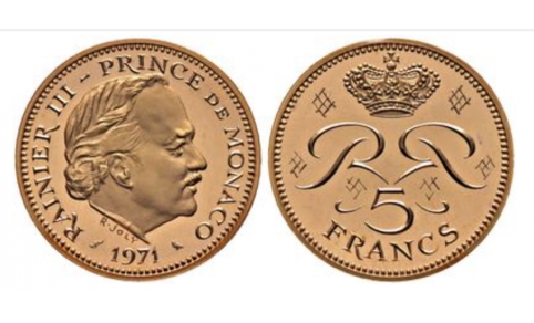Monaco. Rainier III, 5 Franchi 1971 PIEDFORT, Gr. 39,60 FDC